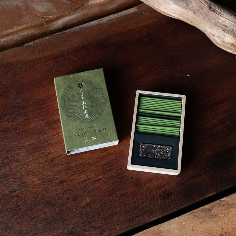 Oedo Koh Pine Incense by Nippon Kodo in elegant packaging, inspired by Edo-period Japan. This premium Japanese incense features a fresh, woody pine aroma, evoking tranquil forest landscapes. Perfect for meditation, relaxation, and traditional incense rituals, hand made and crafted with centuries-old Japanese incense-making techniques.