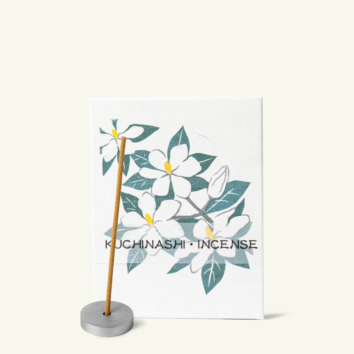 Kousaido Hanga Kuchinashi Japanese incense sticks with gardenia-inspired illustrated packaging, shown on a clean white background