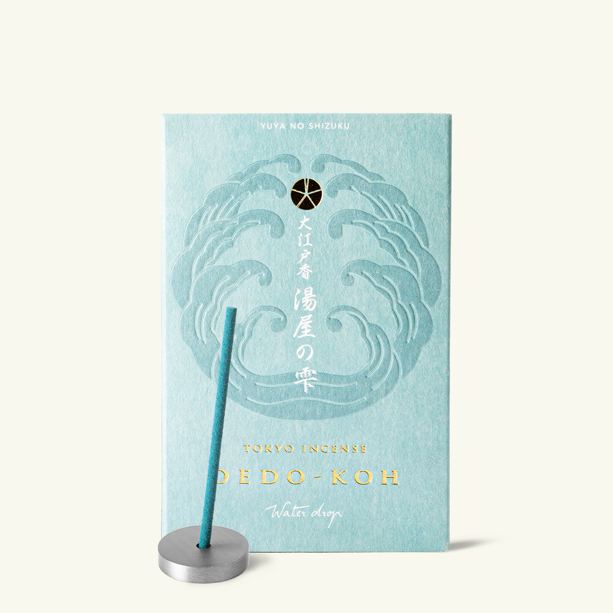 Incense stick by Nippon Kodo Oedo Koh collection with blue packaging featuring wave design on a light gray background