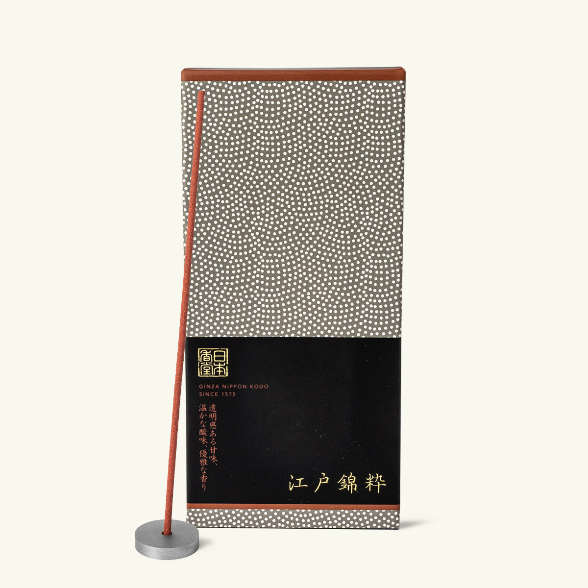 Nippon Kodo Edonishiki Iki Japanese incense sticks in decorative Edo Komon patterned box – fruity, spicy, and vanilla low-smoke fragrance.