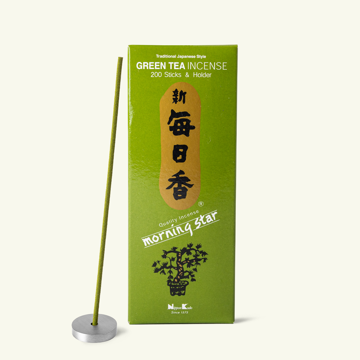 Green Tea Morning Star Japanese Incense Sticks by Nippon Kodo in green packaging. 