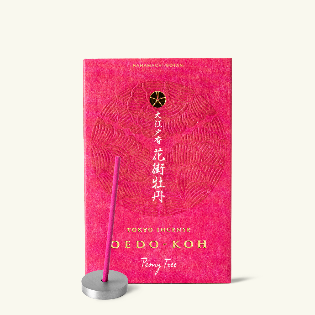 Pink incense box with incense stick on a white background by Nippon Kodo Oedo Koh collection