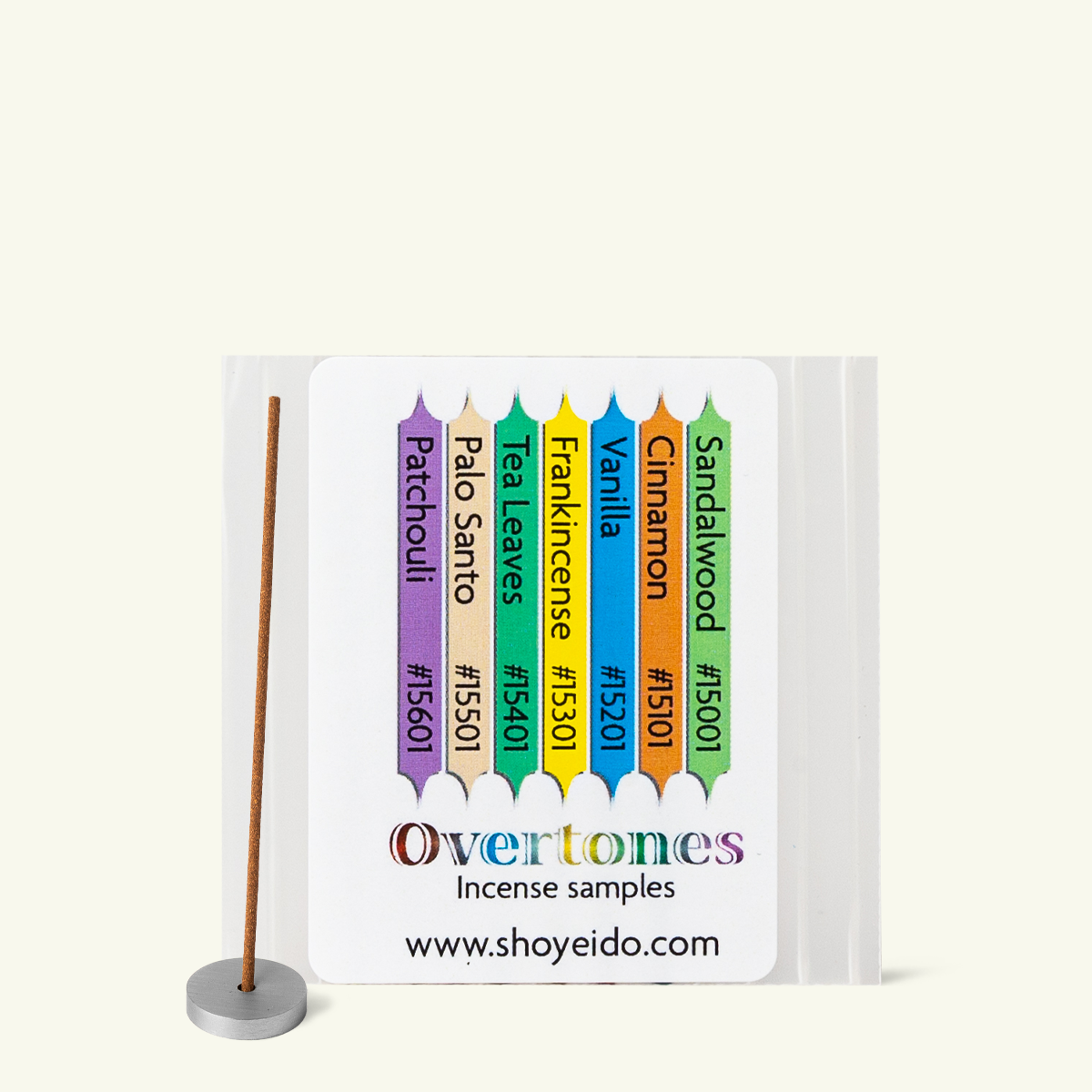 Shoyeido Overtones Japanese Incense Discovery Set with 7 handcrafted incense sample sticks featuring layered sandalwood fragrances and woody, floral, and resinous scent profiles