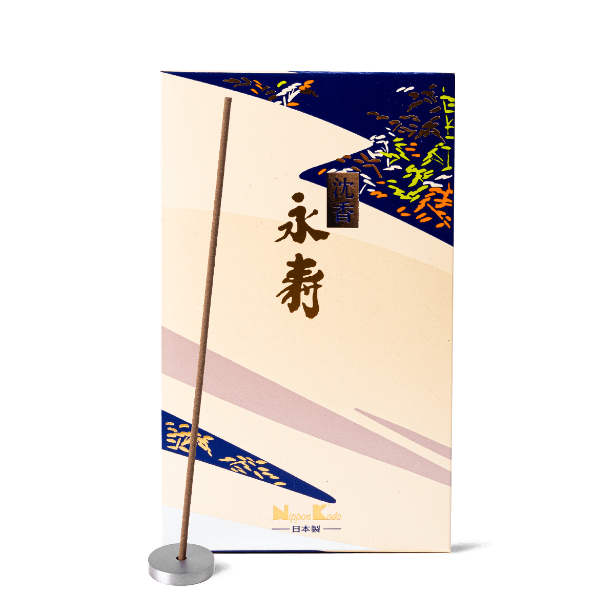 Eiju Jinkoh Incense by Nippon Kodo from the 'Long Life' collection with a blend of aloeswood, patchouli, and sandalwood. Premium Japanese incense sticks with a woody, spicy aroma. Available at Sensing.