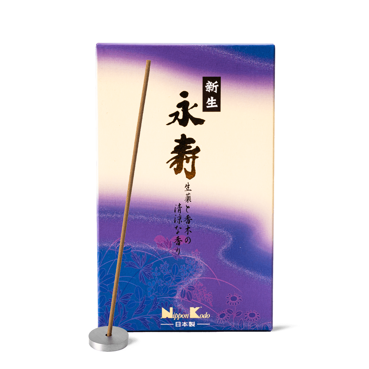 Eiju Shinsei Incense by Nippon Kodo, known as Eternal Happiness, featuring sandalwood and Chinese herbs. Woody aroma with sweet undertones, designed for a long-lasting burn and evoking positive energy and harmony. Available at Sensing.