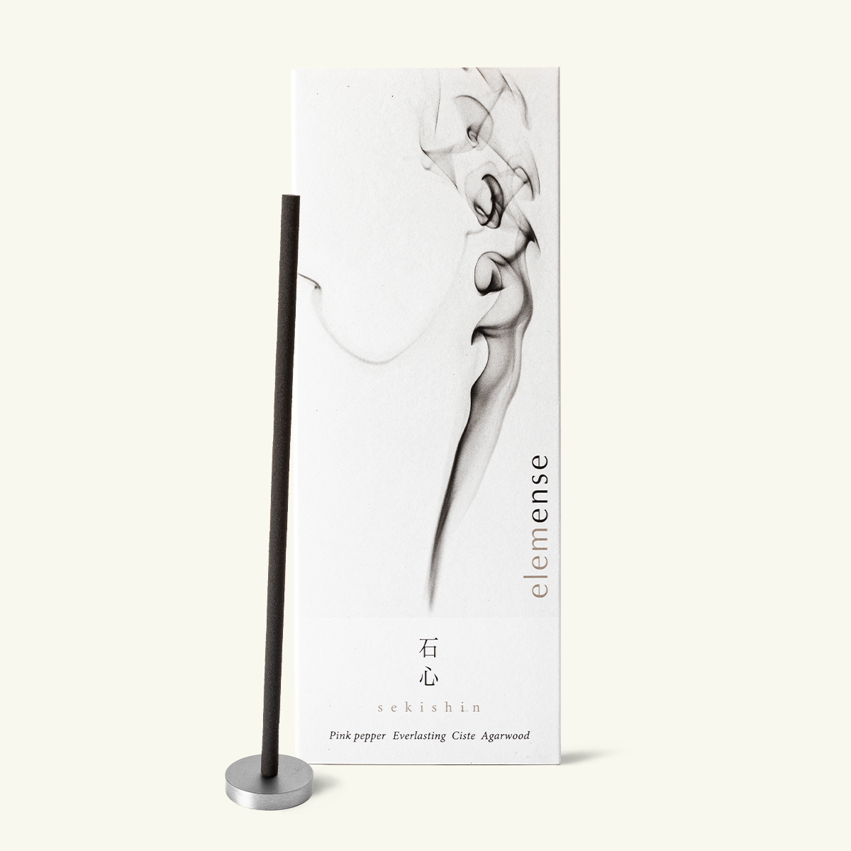 Elemense Sekishin Metal Japanese incense sticks by Nippon Kodo, warm woody amber blend of pink pepper, cistus and agarwood, 40 sticks with holder