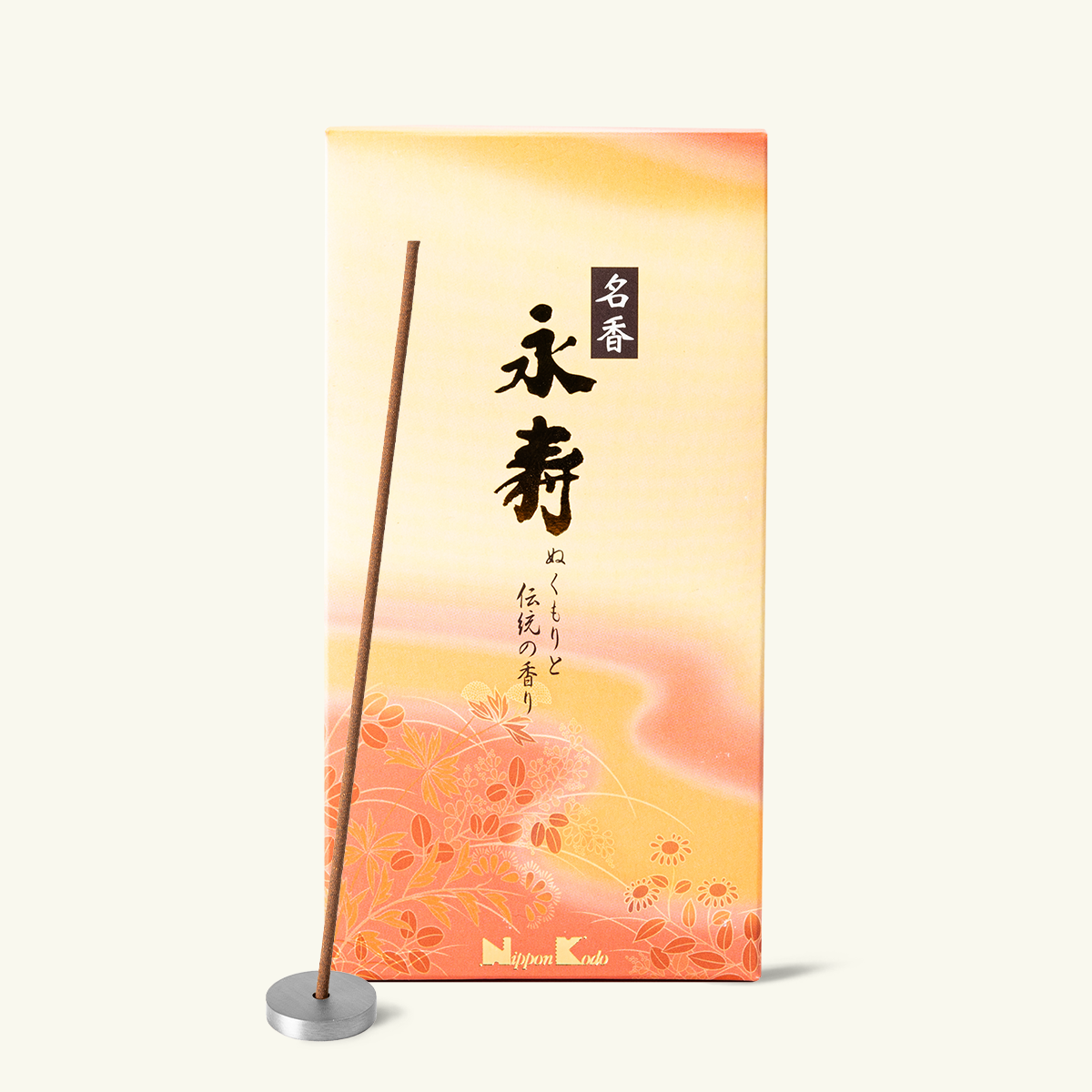 Nippon Kodo Eiju Meiko amber and cinnamon incense sticks in traditional Japanese packaging with a warm spiced aroma and low smoke burn