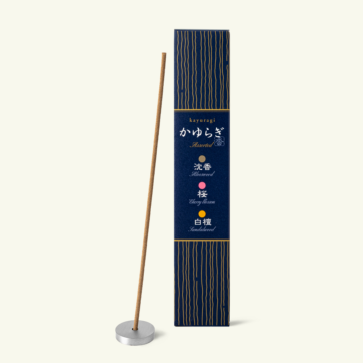 Nippon Kodo Kayuragi Discovery Set containing Japanese incense sticks in Aloeswood, Cherry Blossom and Sandalwood fragrances, made in Japan.
